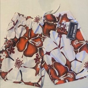 Men’s Orange and White Swim Trunks with Tropical Floral Design